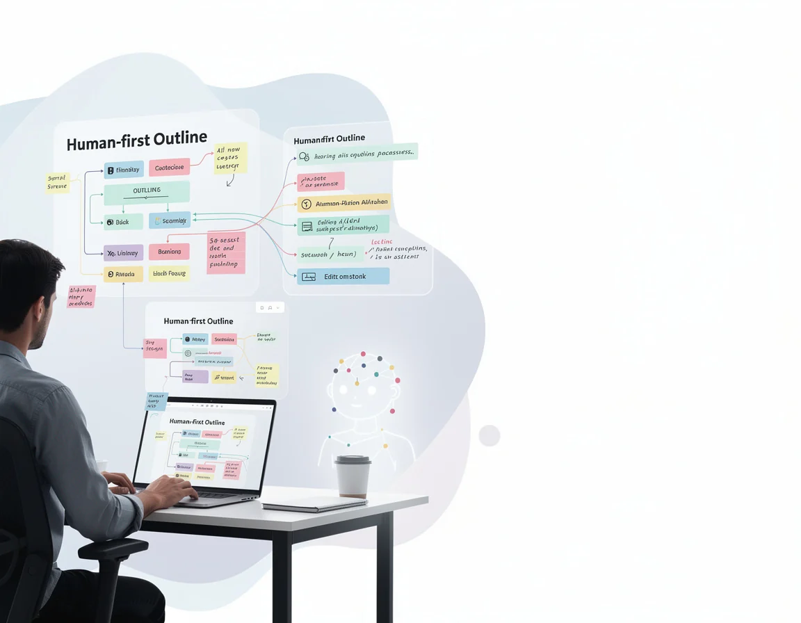 Draft outline human first dengan catatan editor dan alternatif struktur dari AI writing assistant