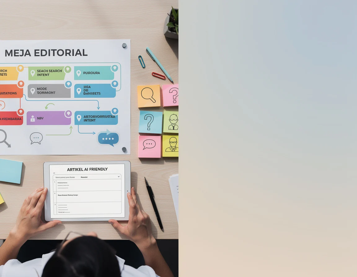 Meja editorial dengan peta search intent. pertanyaan pembaca. dan outline artikel AI friendly